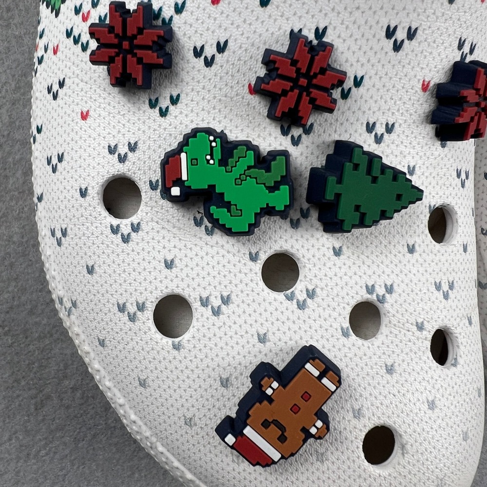 Crocs Classic Lined Clog Mens 13 White Fair Isle Holiday Christmas Pixel Jibbitz - Picture 8 of 16
